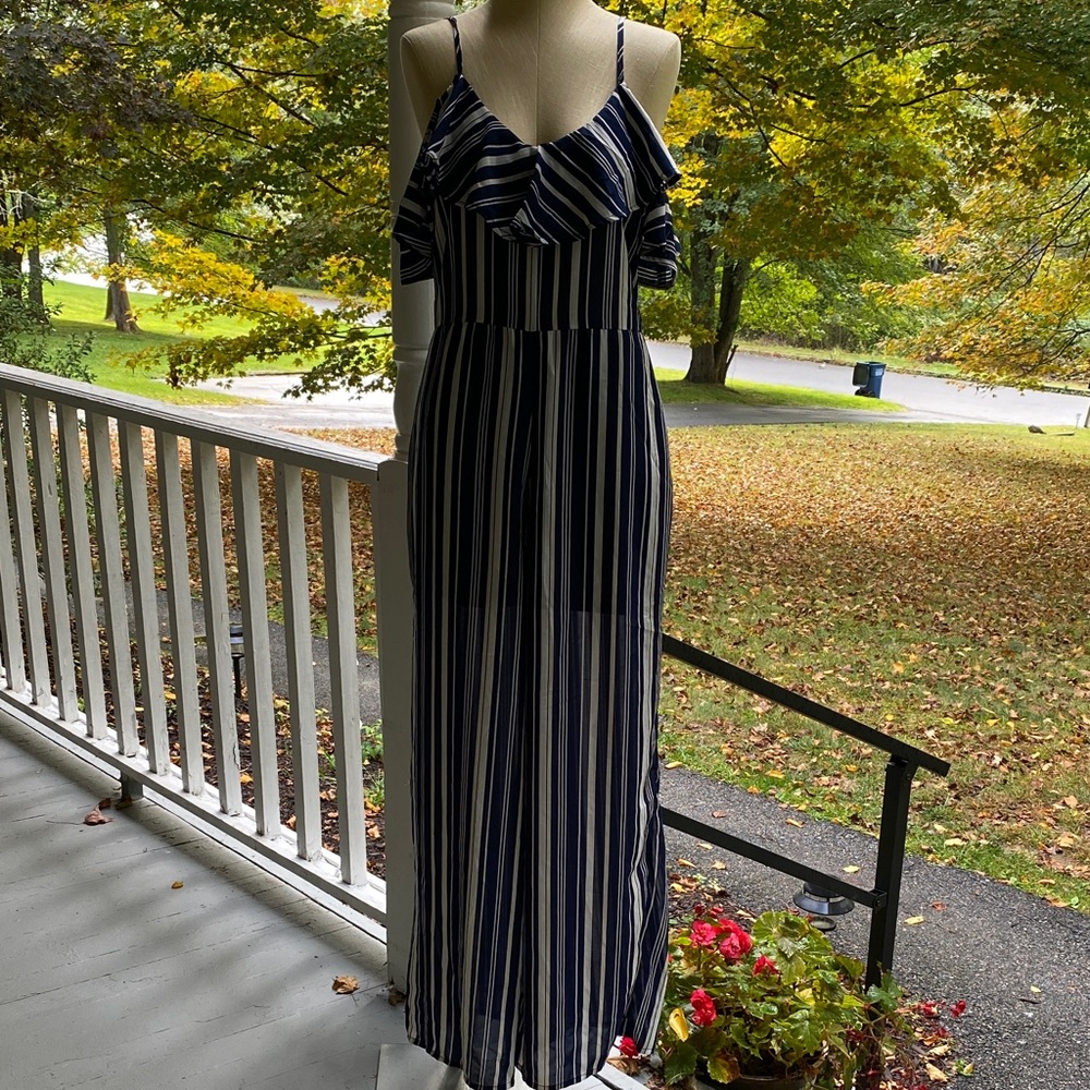 Striped Jumpsuit with Ruffle Detail off the shoulder
